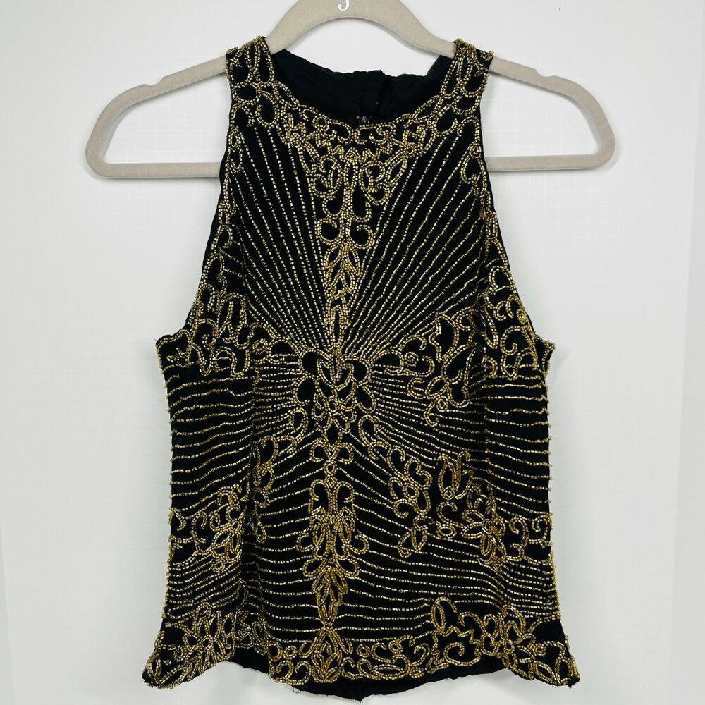 J KARA New York Vintage Black w/ Gold Bead Embellished High Neck Sleeveless Top